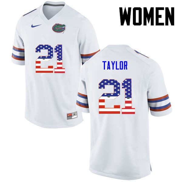 Florida Gators Women #21 Fred Taylor College Football Jersey USA Flag Fashion White